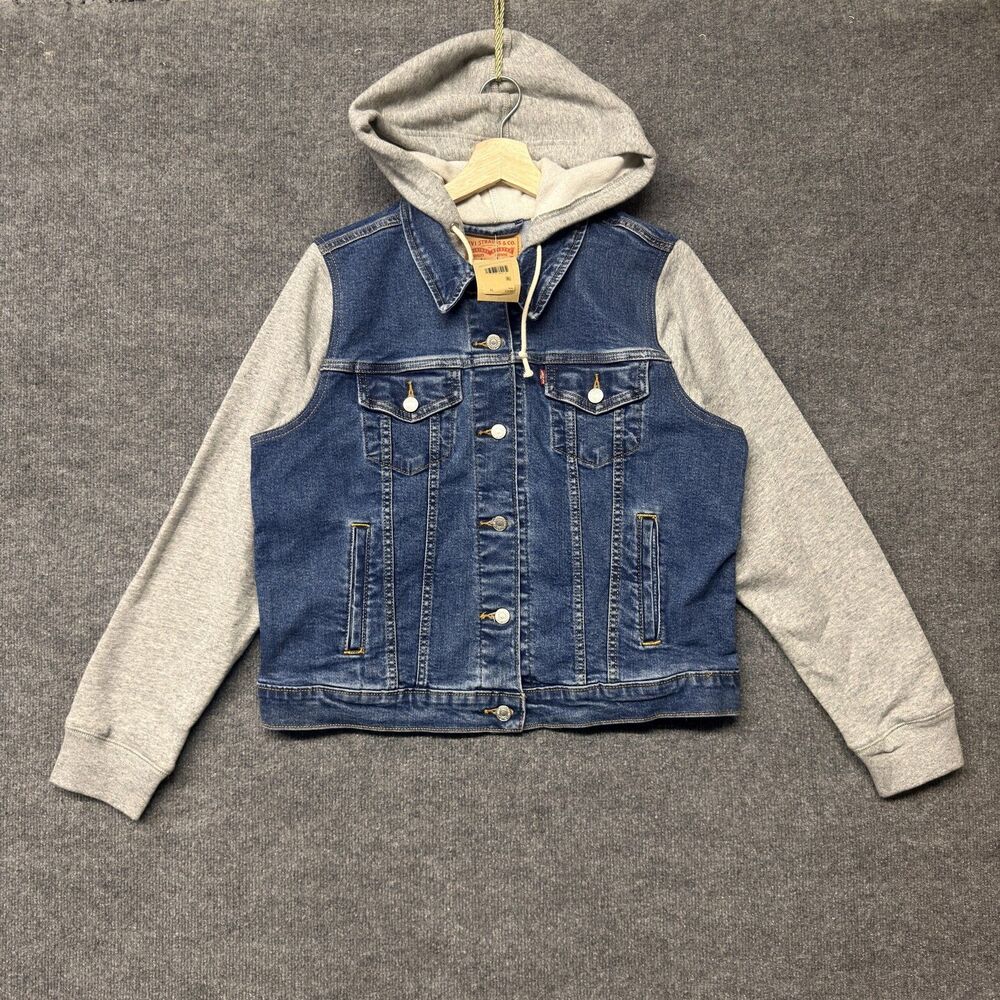 Levis Original Trucker Jacket Women XL Blue Denim Gray Hooded Sweatshirt Sleeves